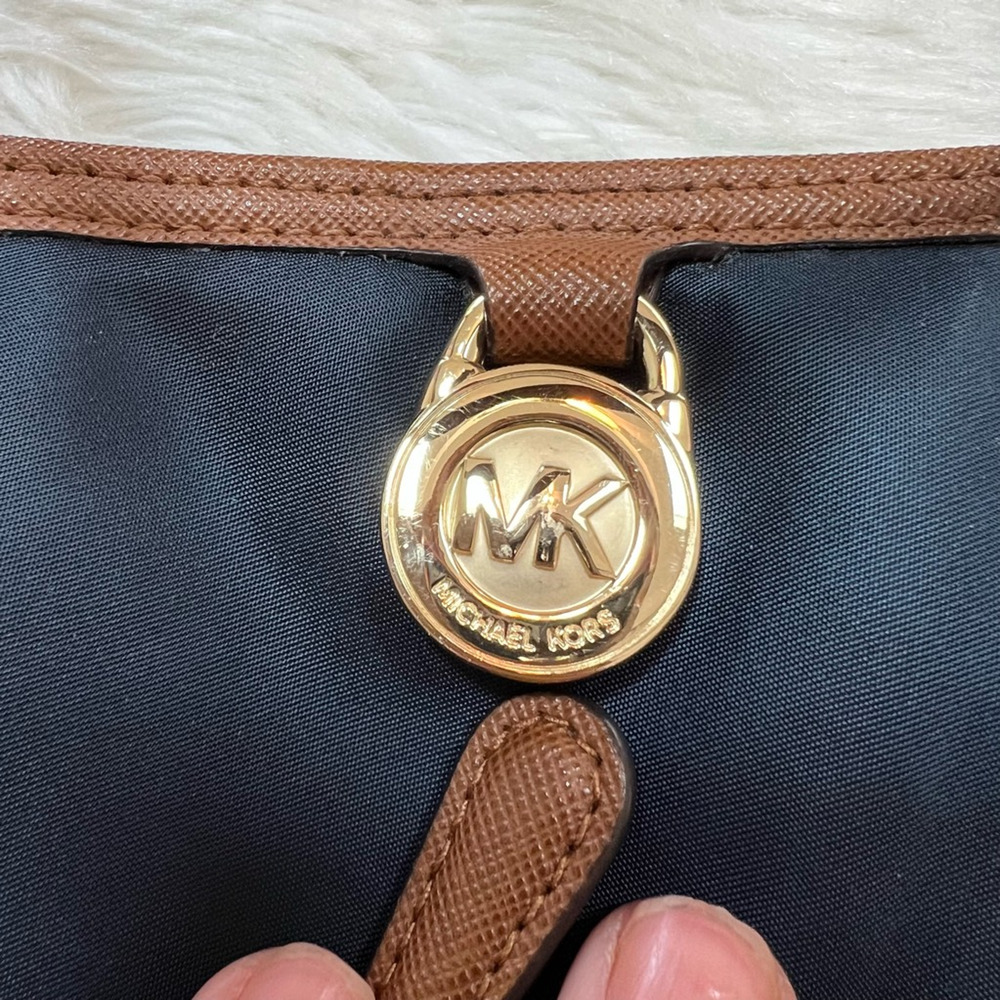 Michael Kors Womens Kempton Tote Bag Navy Blue Outer Pocket Leather Trim M - Picture 6 of 8